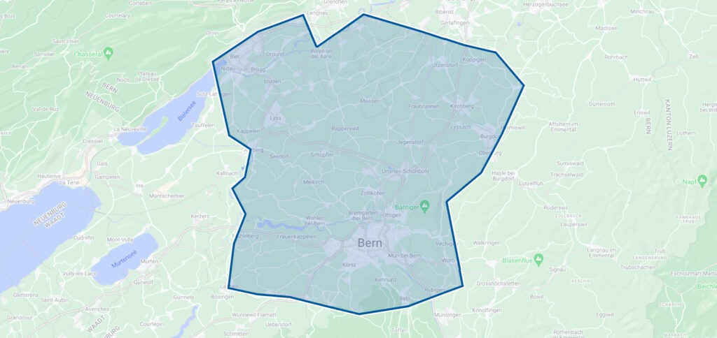Das Einzugsgebiet von Bern, Aarberg, Lyss, Biel, Urtenen-Schönbühl, Moosseedorf, Zollikofen, Münchenbuchsee bis nach Burgdorf