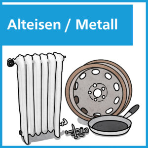 In den Metall- und Eisenmulden können Sie sämtliches eisenhaltiges Material entsorgen. Egal ob Pfannen, Eisen aus Abbruch, Räder, Radiatoren und sonstige Metalle.