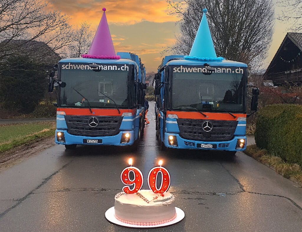 90 Jahre Schwendimann AG. 2 Kehrichtwagen feiern Geburtstag.